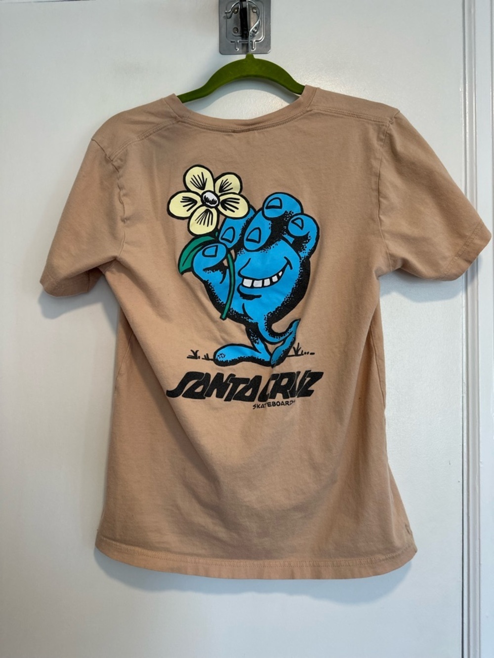 Santa Cruz Skateboards Y2K Stroll blue hand flower Spellout logo Streetwear Tee.